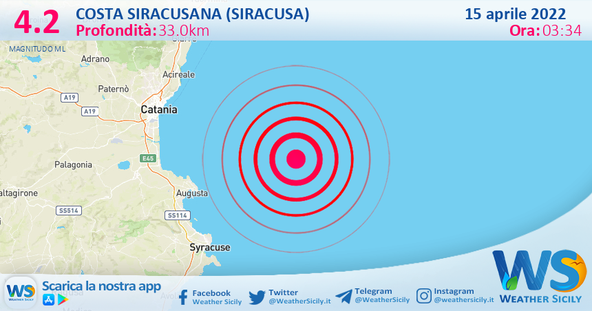 Scossa di terremoto magnitudo 4.2 nei pressi di Costa Siracusana (Siracusa)