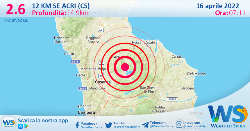 Scossa di terremoto magnitudo 2.6 nei pressi di Acri (CS)