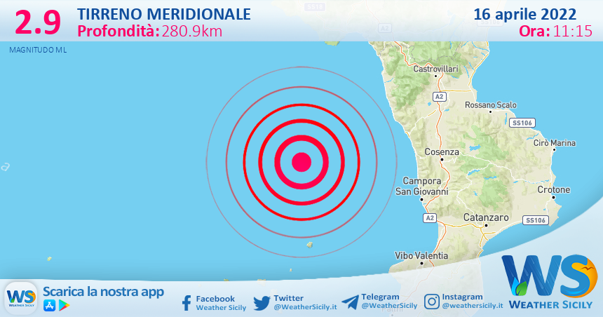 Scossa di terremoto magnitudo 2.9 nel Tirreno Meridionale (MARE)