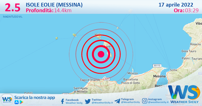 Scossa di terremoto magnitudo 2.5 nei pressi di Isole Eolie (Messina)