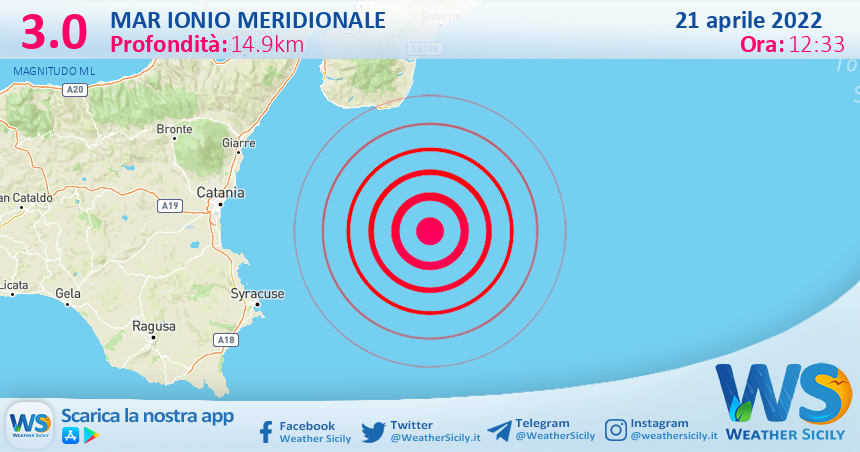 Scossa di terremoto magnitudo 3.0 nel Mar Ionio Meridionale (MARE)