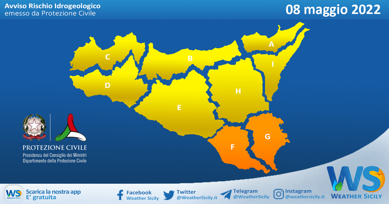 Sicilia: emessa allerta meteo arancione sul comparto sud-orientale per domenica 8 maggio 2022. Gialla altrove.