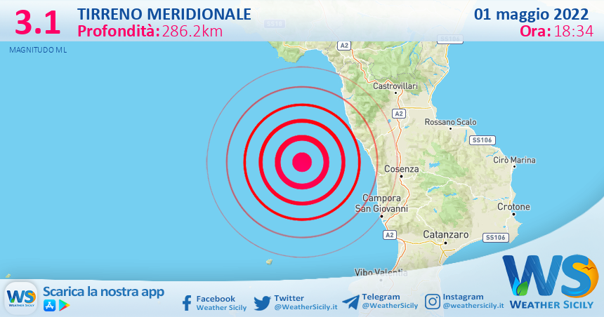 Scossa di terremoto magnitudo 3.1 nel Tirreno Meridionale (MARE)