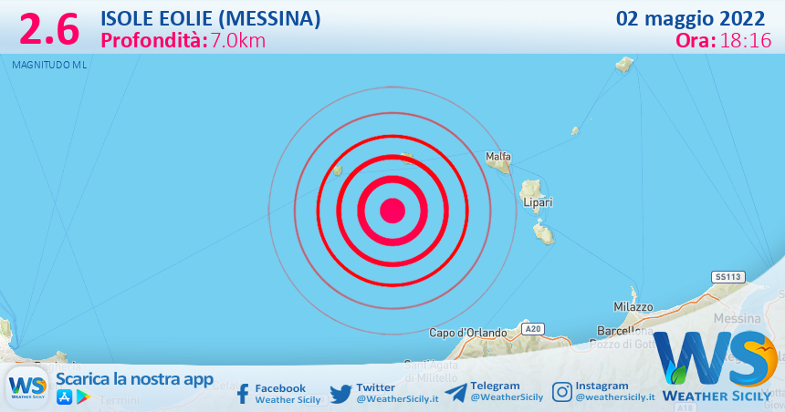 Scossa di terremoto magnitudo 2.6 nei pressi di Isole Eolie (Messina)