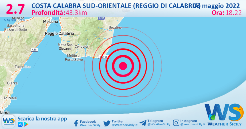 Scossa di terremoto magnitudo 2.7 nei pressi di Costa Calabra sud-orientale (Reggio di Calabria)