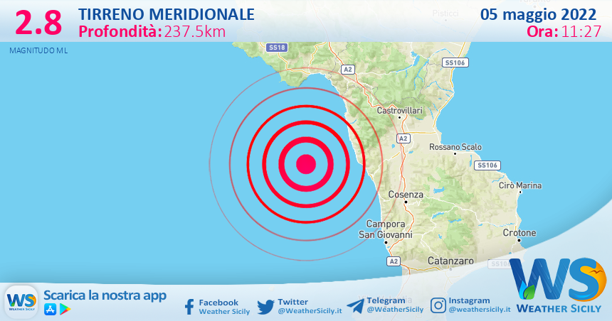 Scossa di terremoto magnitudo 2.8 nel Tirreno Meridionale (MARE)