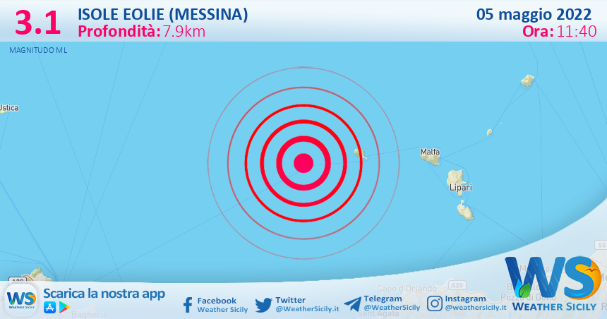 Scossa di terremoto magnitudo 3.1 nei pressi di Isole Eolie (Messina)