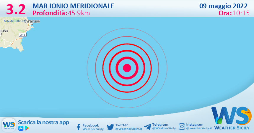 Scossa di terremoto magnitudo 3.2 nel Mar Ionio Meridionale (MARE)