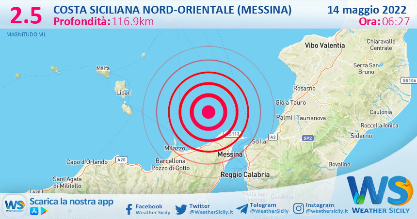 Scossa di terremoto magnitudo 2.5 nei pressi di Costa Siciliana nord-orientale (Messina)