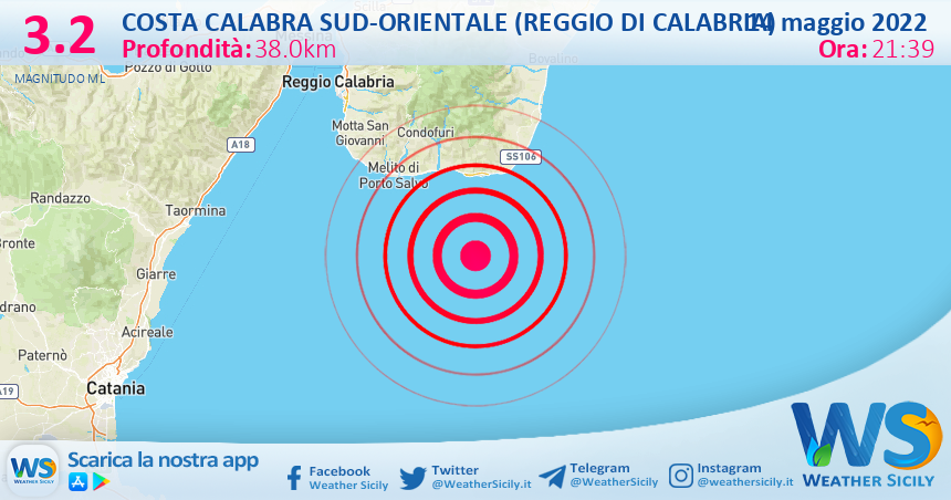 Scossa di terremoto magnitudo 3.2 nei pressi di Costa Calabra sud-orientale (Reggio di Calabria)