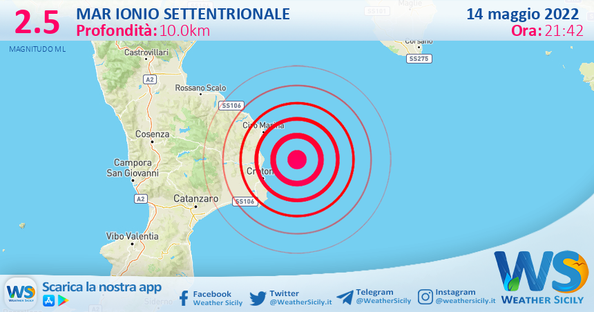 Scossa di terremoto magnitudo 2.5 nel Mar Ionio Settentrionale (MARE)