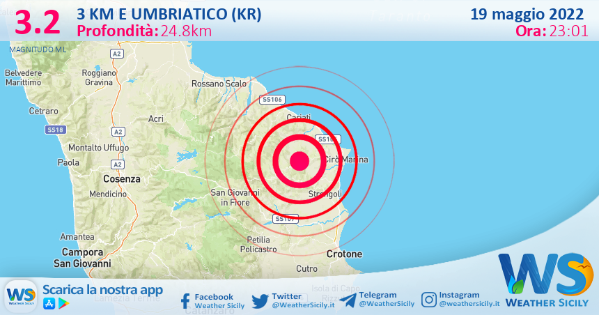 Scossa di terremoto magnitudo 3.2 nei pressi di Umbriatico (KR)