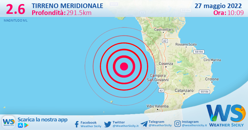 Scossa di terremoto magnitudo 2.6 nel Tirreno Meridionale (MARE)