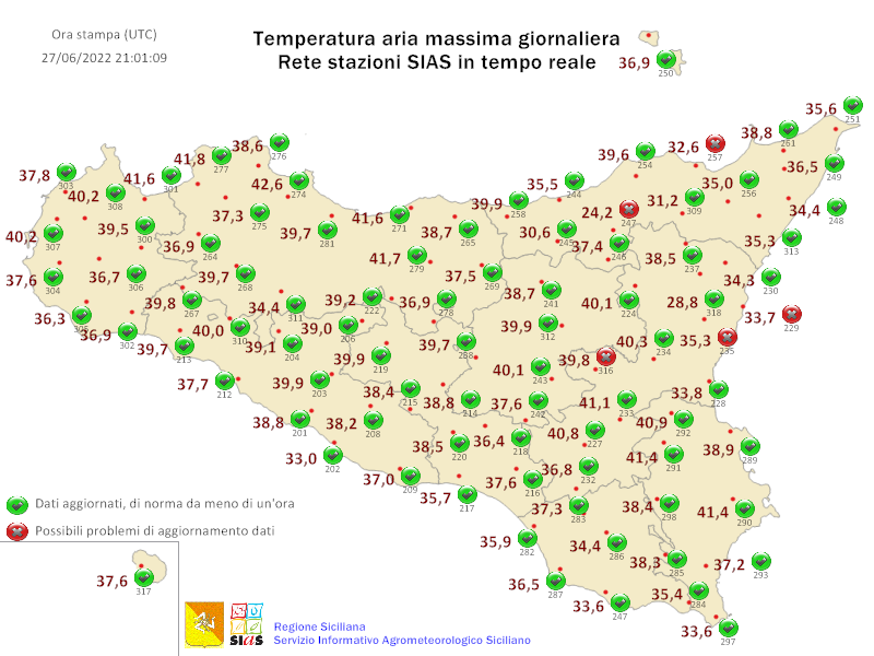 Sicilia: si chiude un lunedì di caldo intenso. Raggiunti i +42.6 °C sul palermitano.