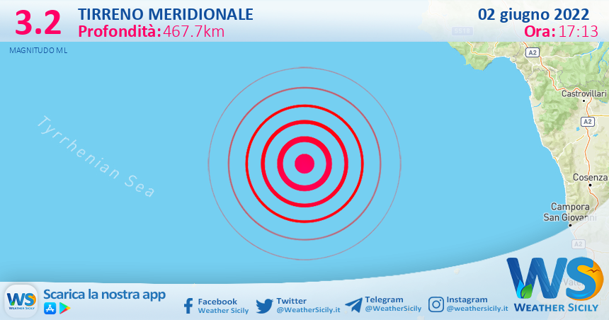 Scossa di terremoto magnitudo 3.2 nel Tirreno Meridionale (MARE)