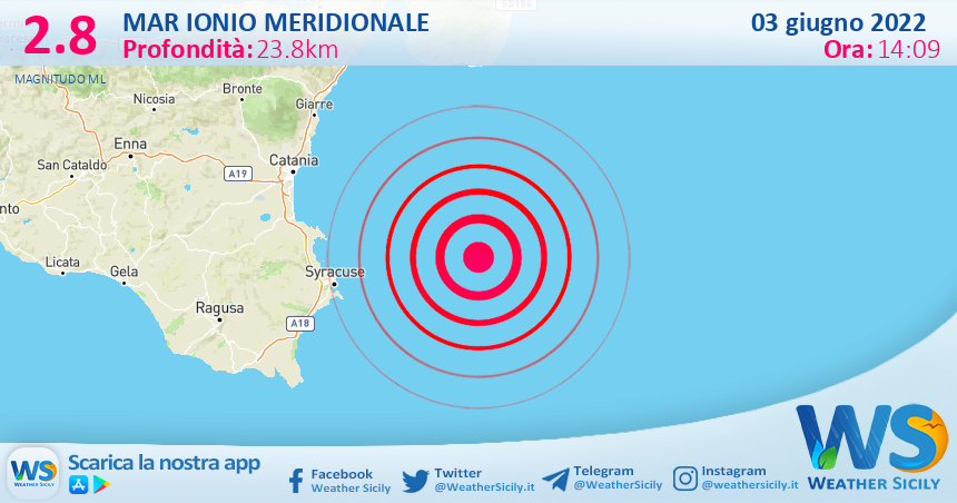 Scossa di terremoto magnitudo 2.8 nel Mar Ionio Meridionale (MARE)