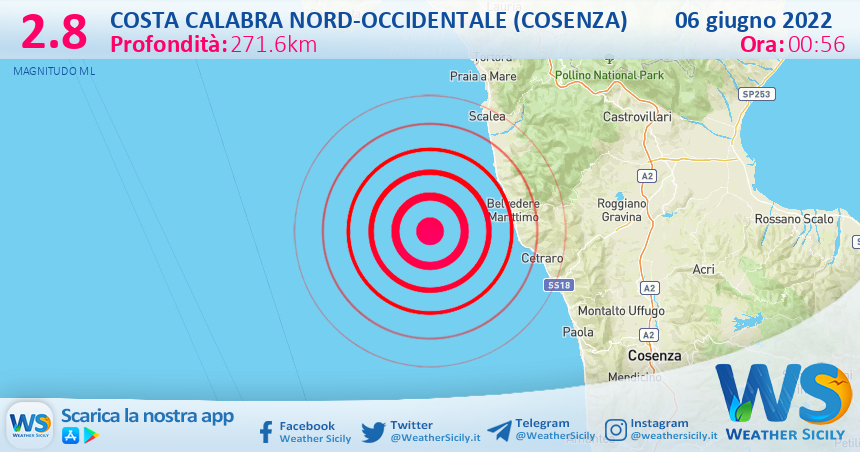 Scossa di terremoto magnitudo 2.8 nei pressi di Costa Calabra nord-occidentale (Cosenza)