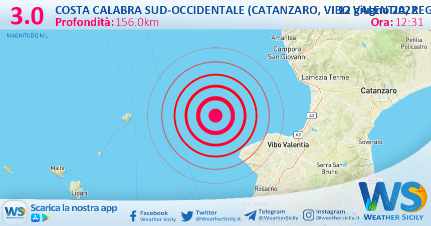 Scossa di terremoto magnitudo 3.0 nei pressi di Costa Calabra sud-occidentale (Catanzaro, Vibo Valentia, Reggio di Calabria)