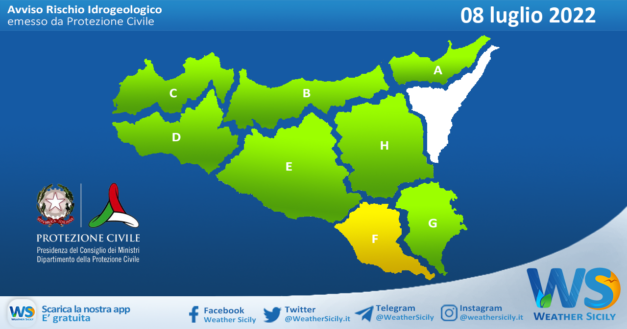 Sicilia: avviso rischio idrogeologico per venerdì 08 luglio 2022