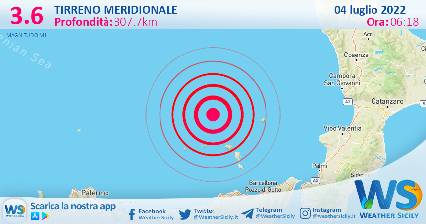 Scossa di terremoto magnitudo 3.6 nel Tirreno Meridionale (MARE)