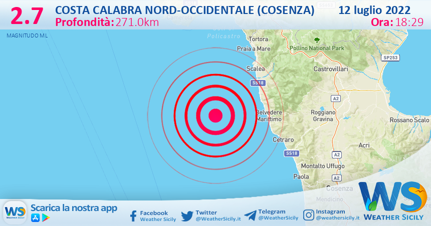 Scossa di terremoto magnitudo 2.7 nei pressi di Costa Calabra nord-occidentale (Cosenza)