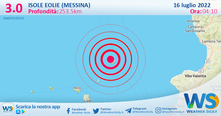 Scossa di terremoto magnitudo 3.0 nei pressi di Isole Eolie (Messina)