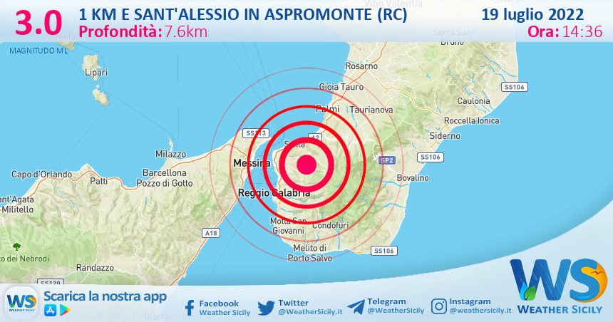 Scossa di terremoto magnitudo 3.0 nei pressi di Sant'Alessio in Aspromonte (RC)