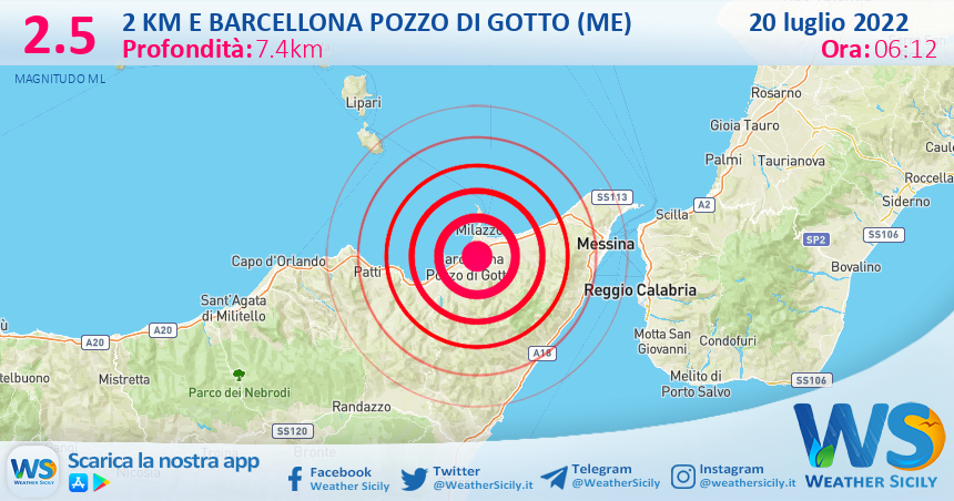 Scossa di terremoto magnitudo 2.5 nei pressi di Barcellona Pozzo di Gotto (ME)