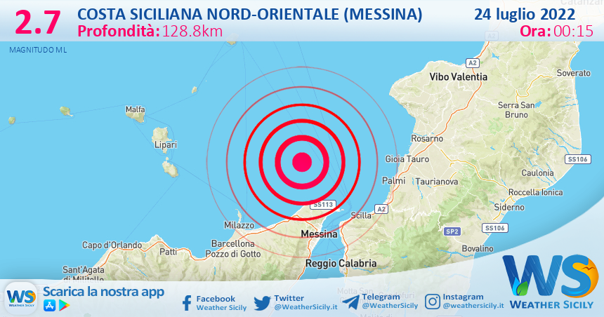 Scossa di terremoto magnitudo 2.7 nei pressi di Costa Siciliana nord-orientale (Messina)