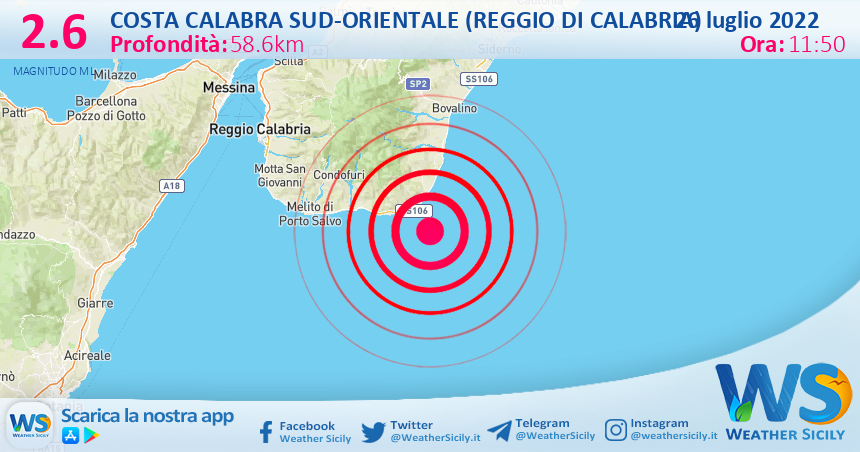 Scossa di terremoto magnitudo 2.6 nei pressi di Costa Calabra sud-orientale (Reggio di Calabria)