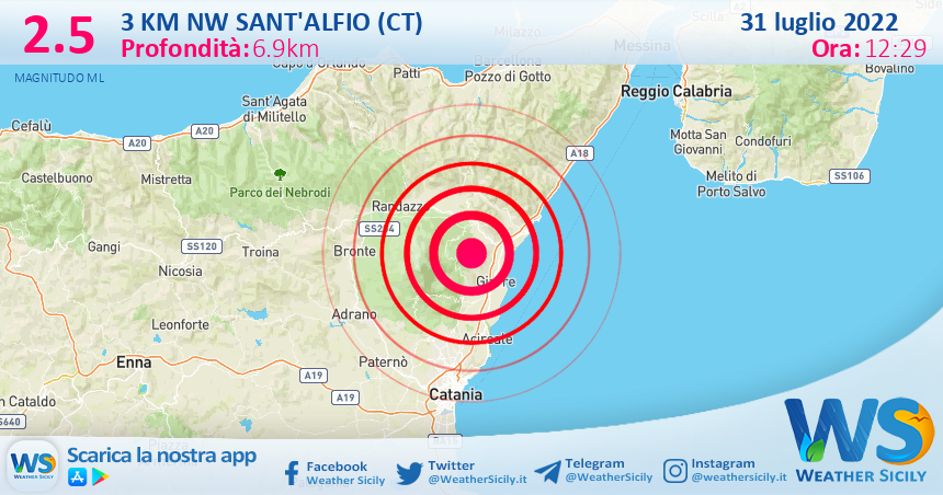Scossa di terremoto magnitudo 2.5 nei pressi di Sant'Alfio (CT)