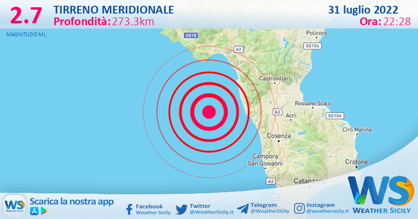 Scossa di terremoto magnitudo 2.7 nel Tirreno Meridionale (MARE)