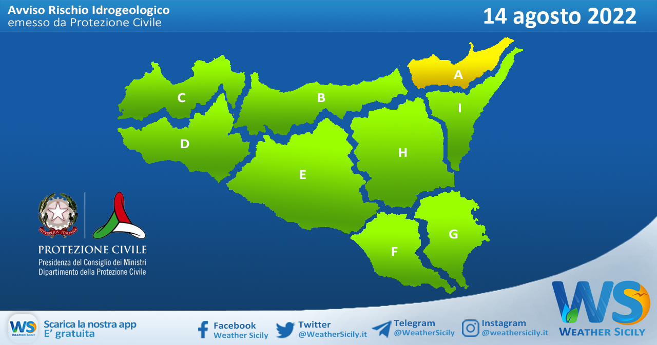 Sicilia: avviso rischio idrogeologico per domenica 14 agosto 2022