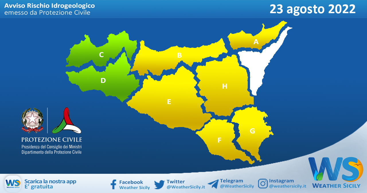 Sicilia: avviso rischio idrogeologico per martedì 23 agosto 2022