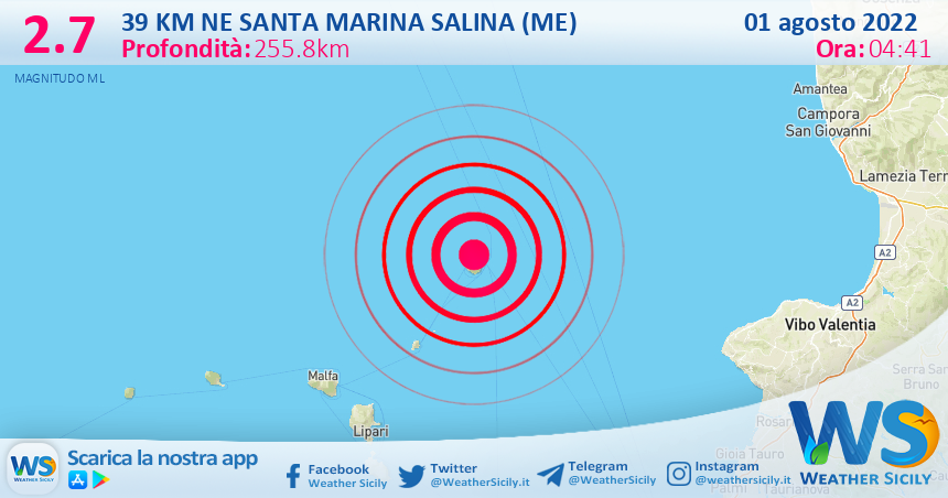 Scossa di terremoto magnitudo 2.7 nei pressi di Santa Marina Salina (ME)