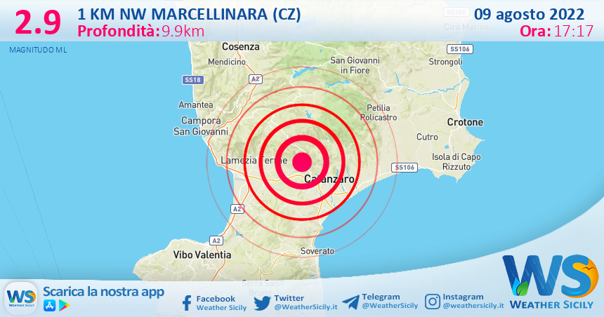 Scossa di terremoto magnitudo 2.9 nei pressi di Marcellinara (CZ)