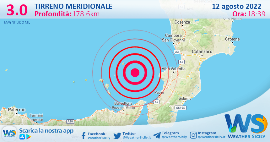 Scossa di terremoto magnitudo 3.0 nel Tirreno Meridionale (MARE)