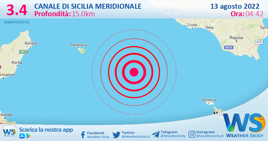 Scossa di terremoto magnitudo 3.4 nel Canale di Sicilia meridionale (MARE)