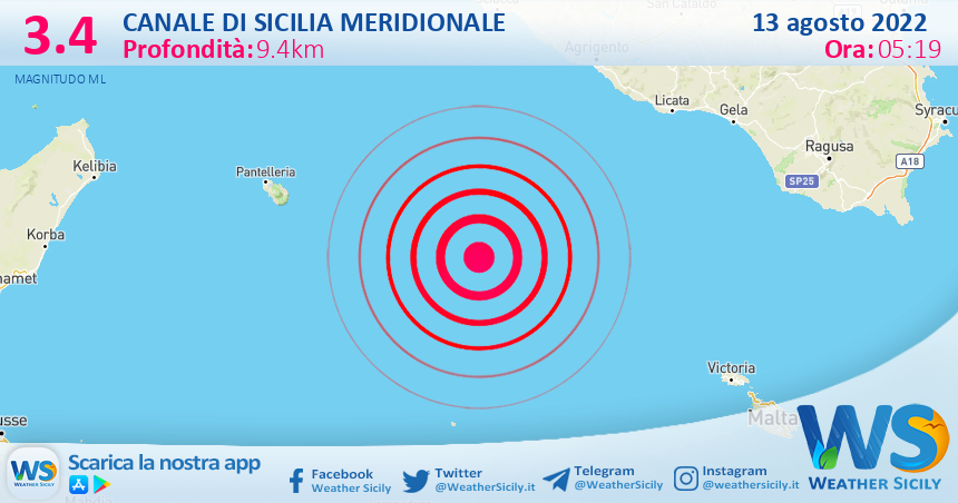 Scossa di terremoto magnitudo 3.4 nel Canale di Sicilia meridionale (MARE)