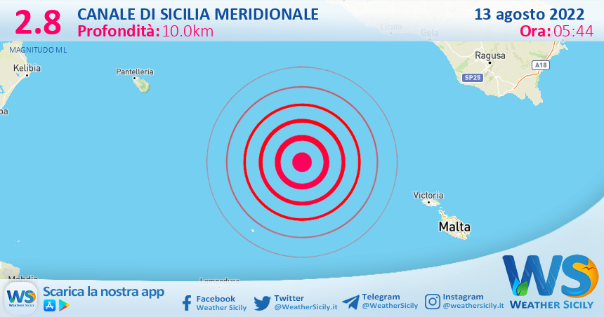 Scossa di terremoto magnitudo 2.8 nel Canale di Sicilia meridionale (MARE)