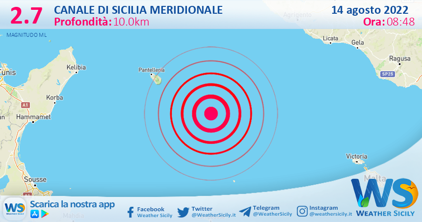 Scossa di terremoto magnitudo 2.7 nel Canale di Sicilia meridionale (MARE)