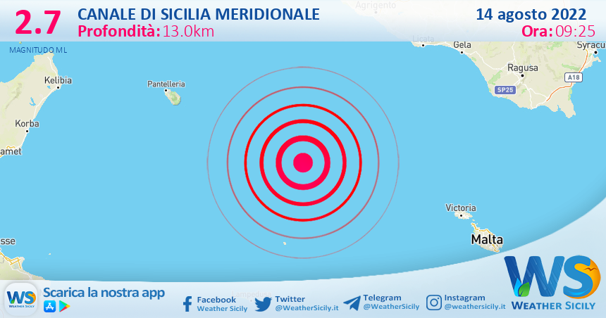 Scossa di terremoto magnitudo 2.7 nel Canale di Sicilia meridionale (MARE)