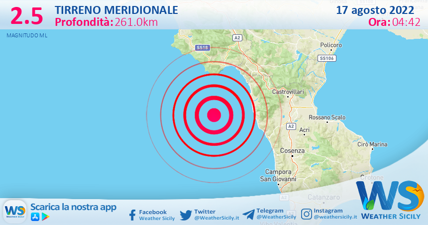 Scossa di terremoto magnitudo 2.5 nel Tirreno Meridionale (MARE)