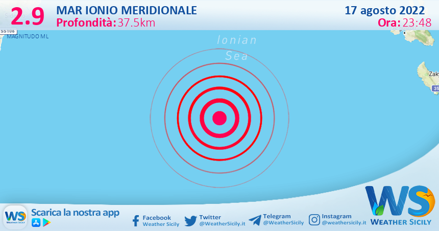 Scossa di terremoto magnitudo 2.9 nel Mar Ionio Meridionale (MARE)