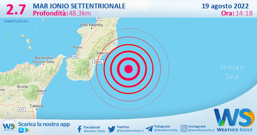 Scossa di terremoto magnitudo 2.7 nel Mar Ionio Settentrionale (MARE)