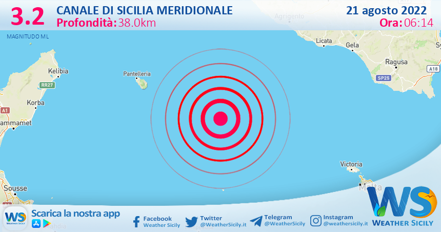 Scossa di terremoto magnitudo 3.2 nel Canale di Sicilia meridionale (MARE)