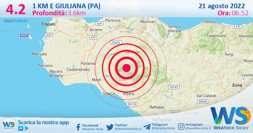 Scossa di terremoto magnitudo 4.2 nei pressi di Giuliana (PA)