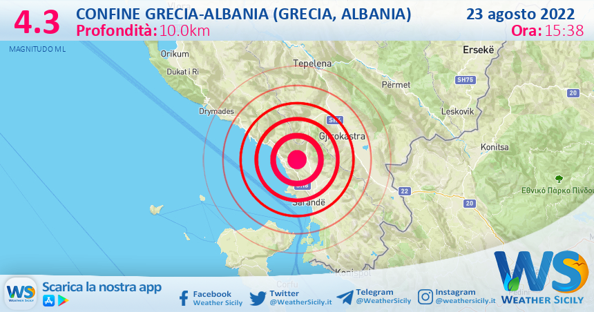 Scossa di terremoto magnitudo 4.3 nei pressi di Confine Grecia-Albania (GRECIA, ALBANIA)