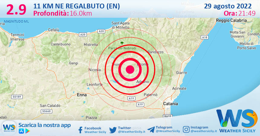 Scossa di terremoto magnitudo 2.9 nei pressi di Regalbuto (EN)