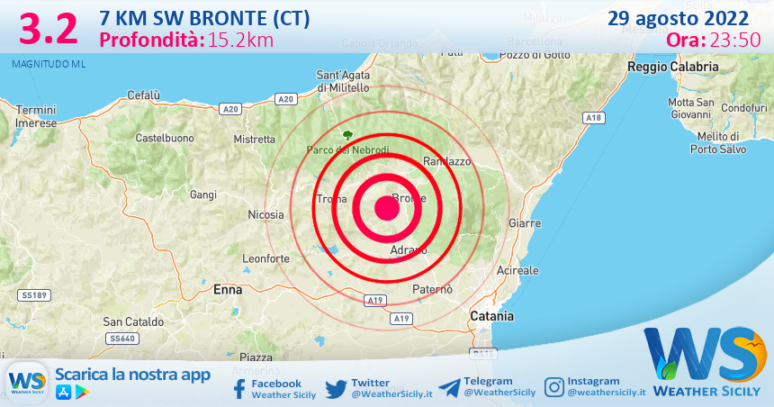 Scossa di terremoto magnitudo 3.2 nei pressi di Bronte (CT)